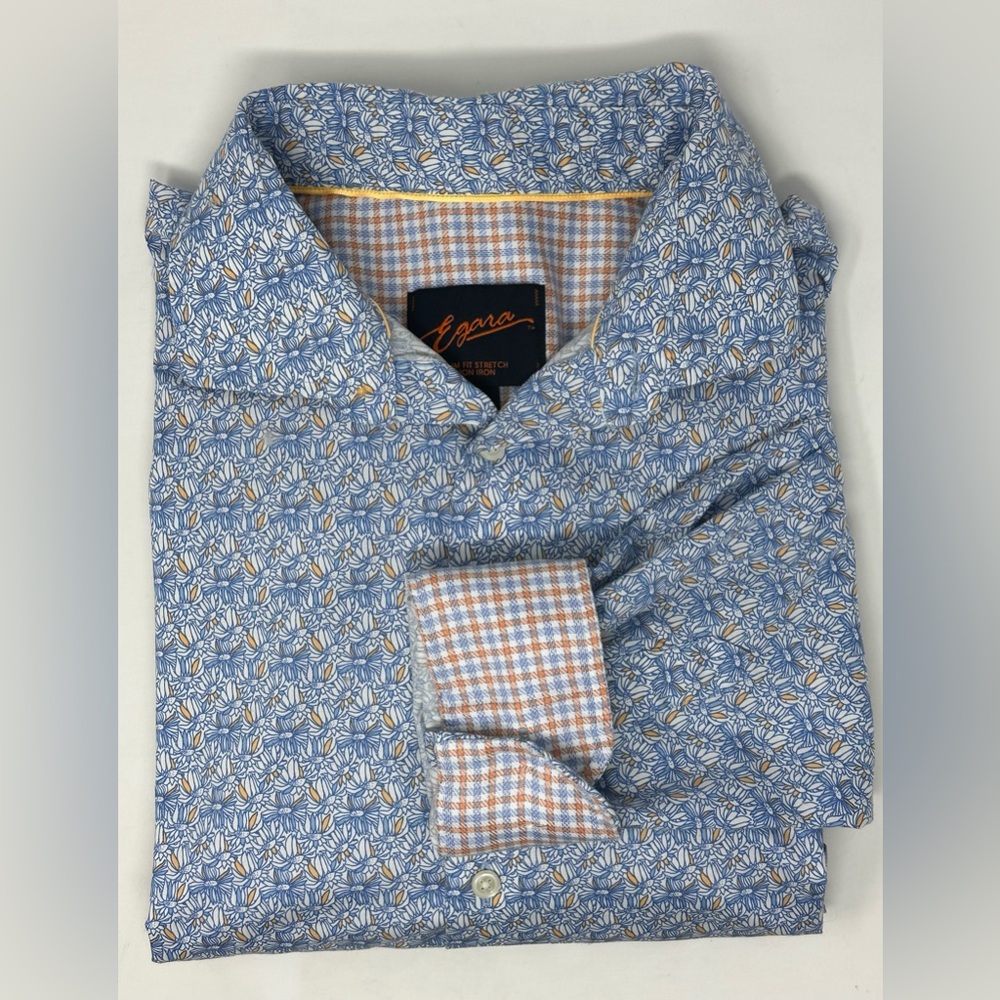 Egara Shirt Mens XL Blue Blue‎ Floral Flip Cuff Button Down Shirt Long Sleeve